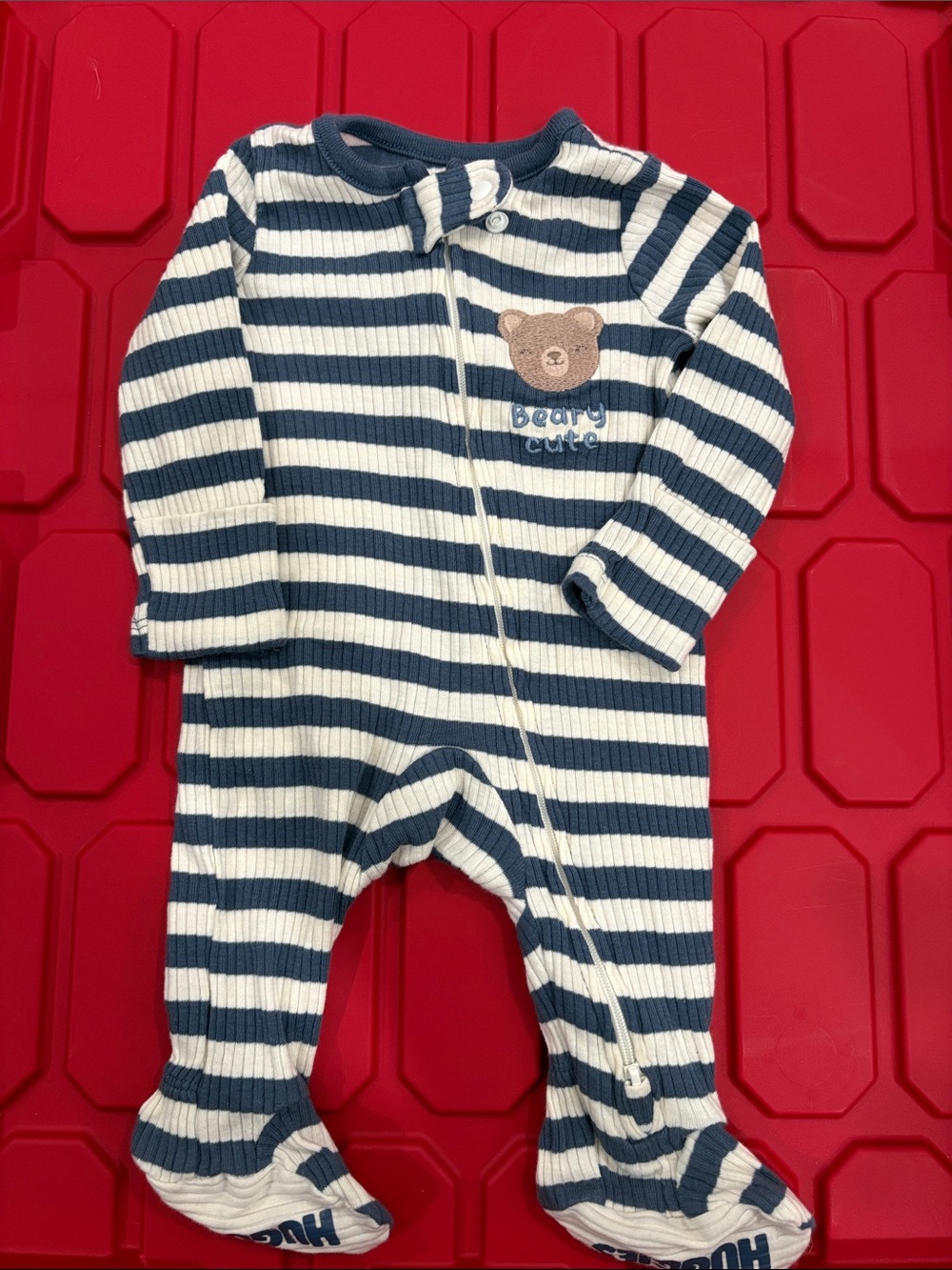 Huggies Striped Navy & White Baby One-Piece with Bear Applique